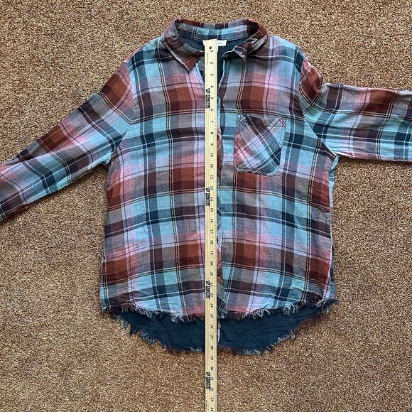 Beach Lunch Lounge Shirt Womens Large Plaid Long Sleeve Fringe, Back Slit Grunge - Picture 8 of 8